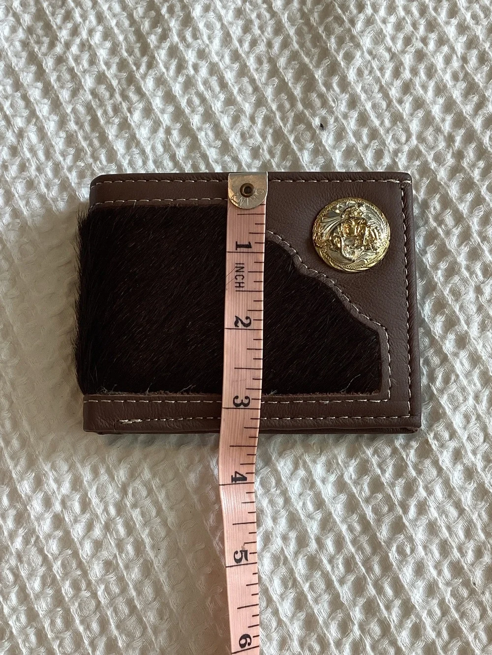 Brown Leather and Haircalf Men's Bi-Fold Wallet with Gold‎ Accent